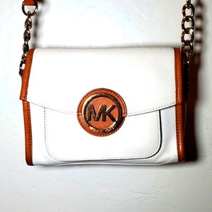 Michael Kors White/Brown Leather Fulton Flap Crossbody Bag